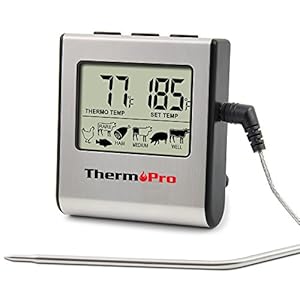 ThermoPro TP-16 Large LCD Digital Cooking Food Meat Smoker Oven Kitchen BBQ Grill Thermometer Clock Timer with Stainless Steel Tempera, Standard, Silver