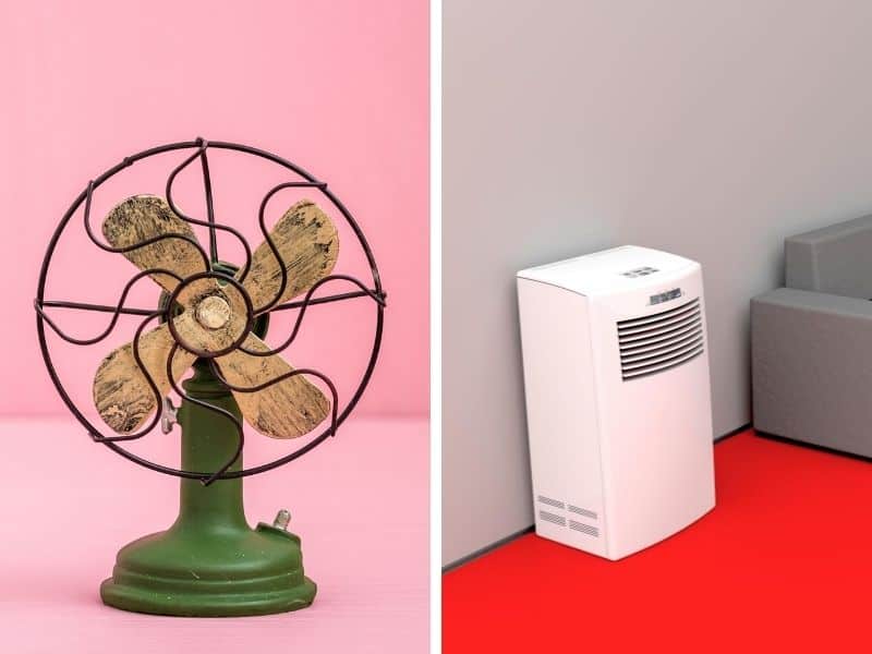 Old fan and a modern air purifier